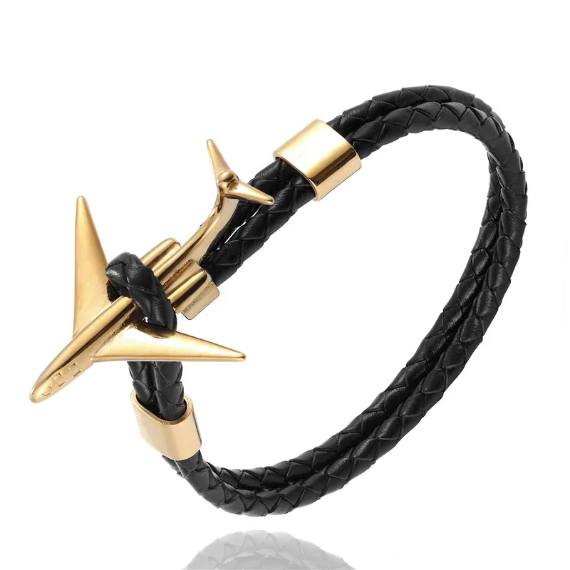 Gold Black MKENDN, модный ретро кожаный браслет, нержавеющая сталь, самолет, якорь, браслеты для мужчин и женщин, Летний стиль, обёрточная бумага, металлический спортивный крючок - Metal Color: Gold Black