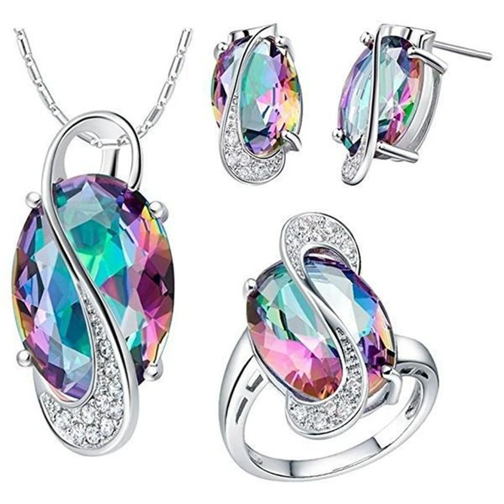 

Exquisite Retro Colorful Stone Drop Earring Pendent Necklace for Women Anniversary Wedding Party Gift Jewelry Sets