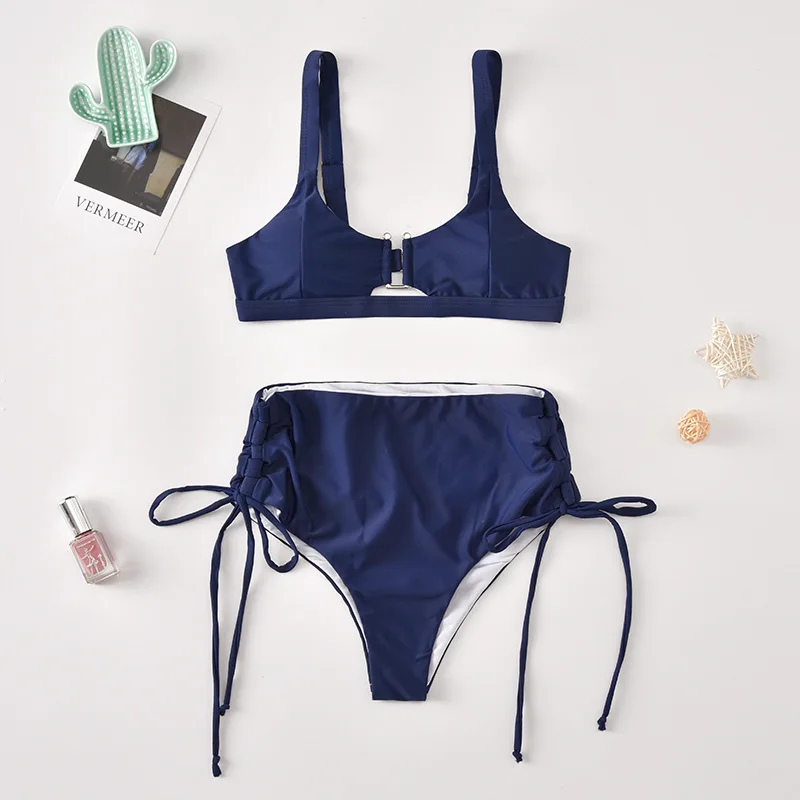 Женский сексуальный купальник-бикини с 2020 Для женщин одноцветное темно-синий