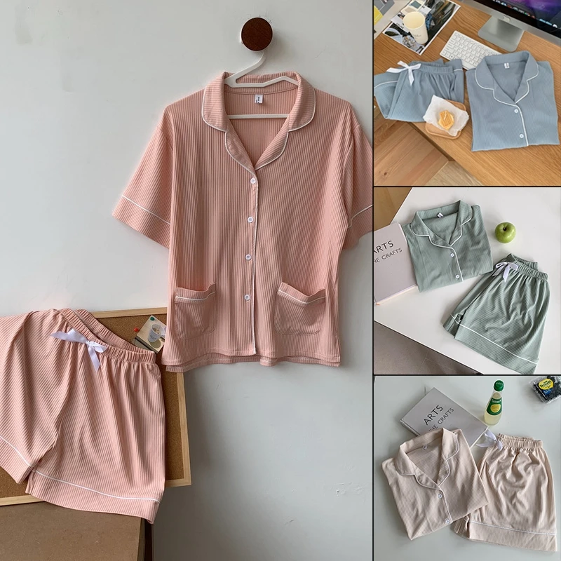 

Women's Sleepwear Turn Down Collar Short Sleeve Tops Shorts Pajamas Two Piece Set Summer Breathable Pijamas Suit Female Homewear
