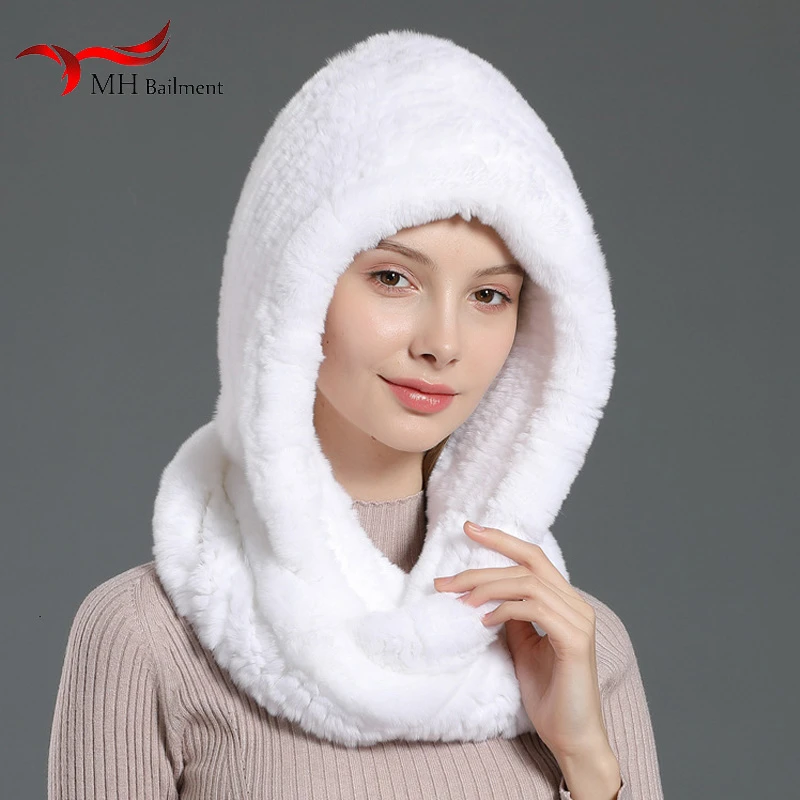 2021 меховая шапка женский вязаный шарф 100% настоящий мех кролика с капюшоном
