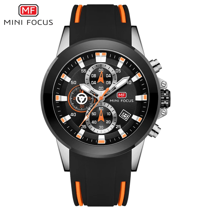 MINIFOCUS спортивные кварцевые часы для мужчин водонепроницаемые мужские s часы лучший бренд класса люкс силиконовый ремешок повседневные наручные часы relogio masculino - Цвет: BLACK ORANGE