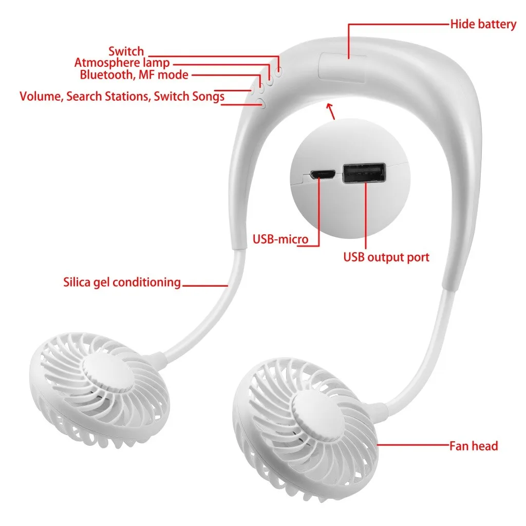 

ipega Hanging Neckband Fan mini usb battery fan 3000mAh with LED Night Lamp bendable usb fan 360rotating Double Fans For beach