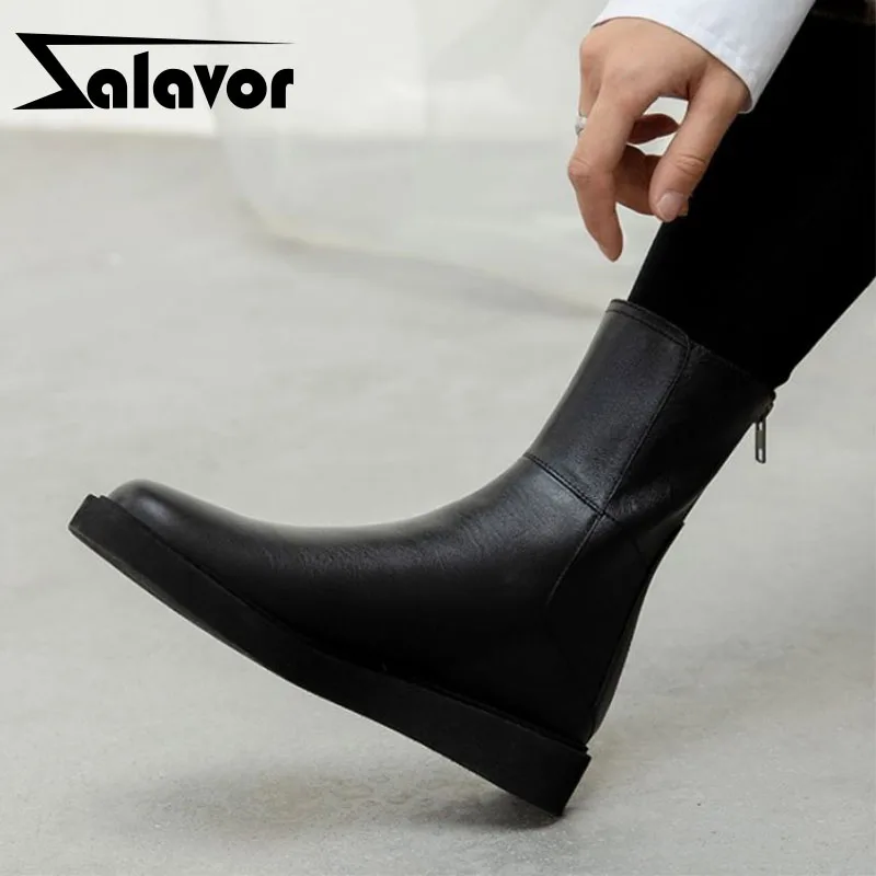 ZALAVOR Натуральная кожа Женская обувь ботильоны круглый носок на плоской подошве