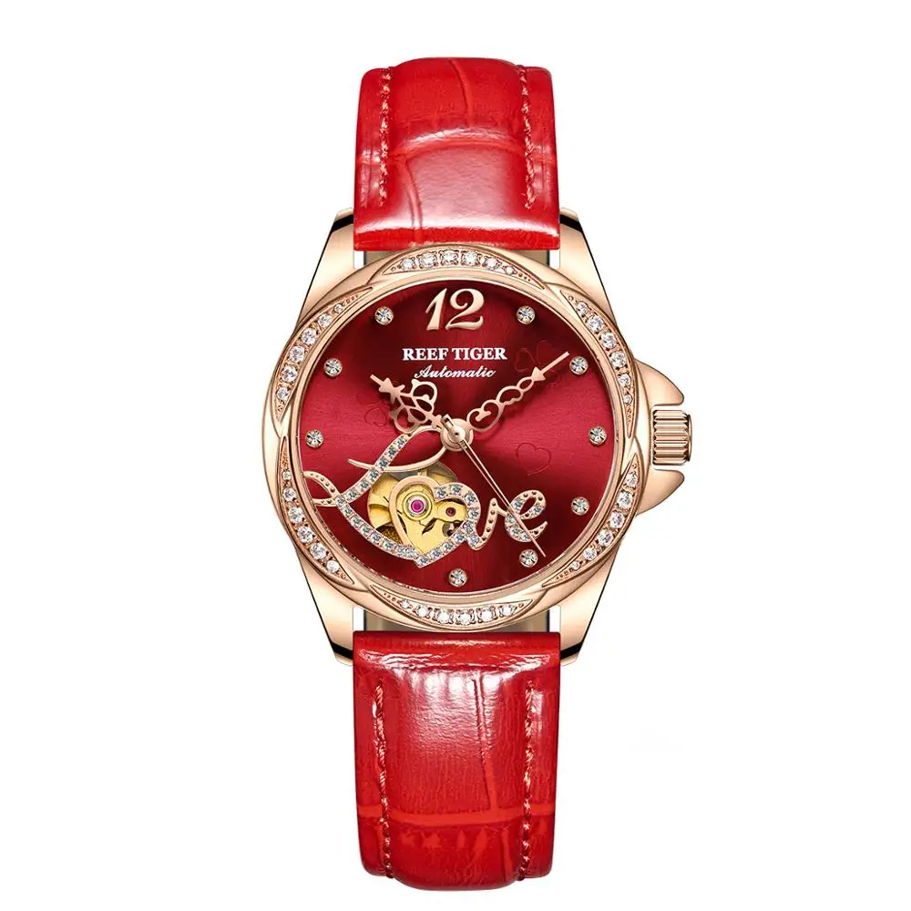 Reef Tiger/RT Top Brand Luxury Gold Rose Flower Diamond Women Fashion Automatic Watch Leather Strap RGA1583 enlarge