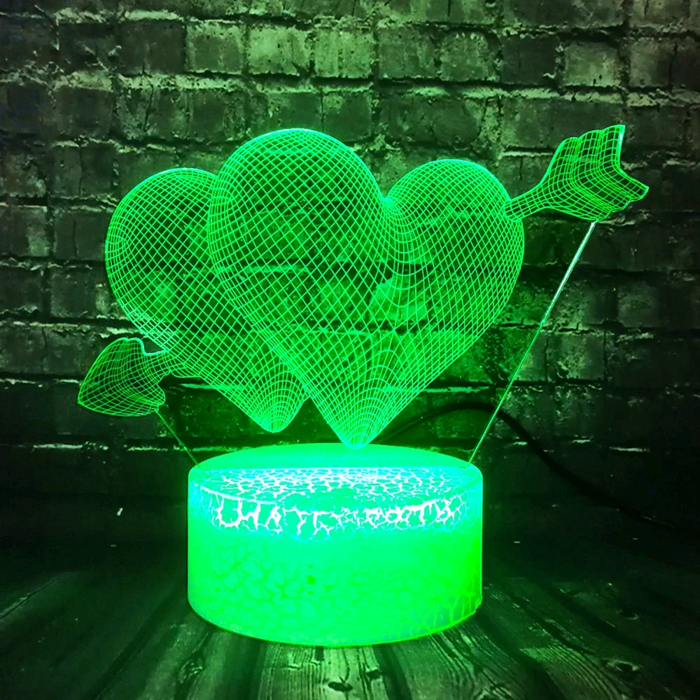 Романтическая любовь Купидон стрела через Двойное сердце 3D светодиодный USB лампа Милая влюбленные Свадебные украшения Красочный ночной светильник подарок