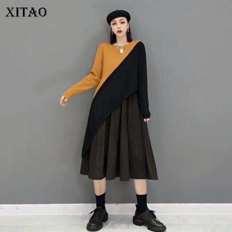 

XITAO Autumn New Dress 2021 Fashion Casual Contrast Color Patchwork O-neck Long Sleeve Loose Simplicity Women GWJ1448
