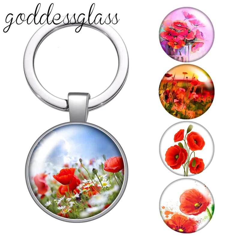 

Beauty Poppy Flowers Papaver rhoeas glass cabochon keychain Bag Car key chain Ring Holder Charms keychains gift