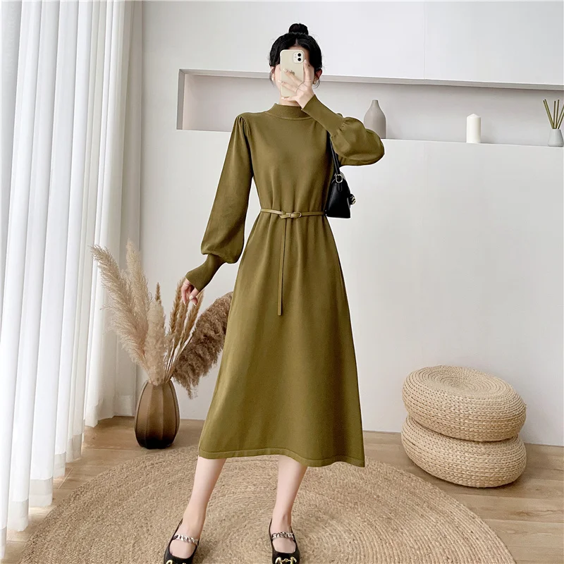 

Autumn Winter Half-turtleneck Lace-up Female Knitted Dress Women Stretch Slim Elastic Skinny Sweater Dress Casual Long Vestidos