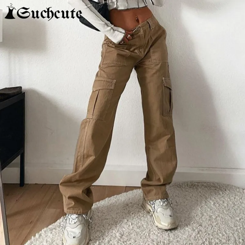 

SUCHCUTE Fashion Pockets Cargo Jeans For Women Casual Streetwear Vintage Hight Waist Denim Trousers Harajuku Girl Wide Leg Pant