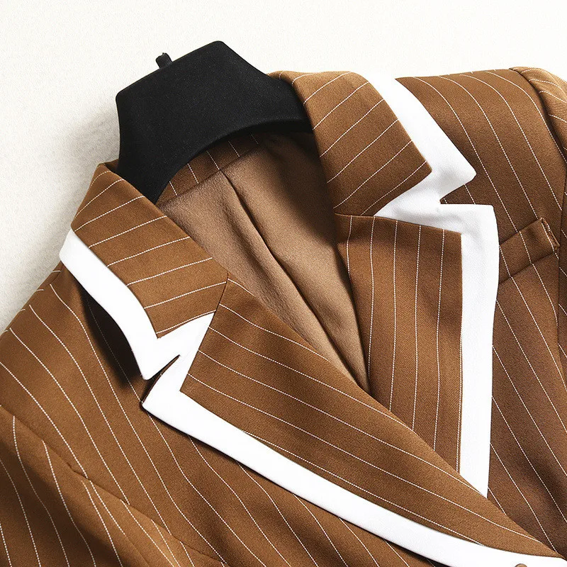 

2021 Spring Elegant Women Striped Notched Blazer and Pants Suit Matching Set Office Lady Two Piece Outfits Fashion Trousers Suit