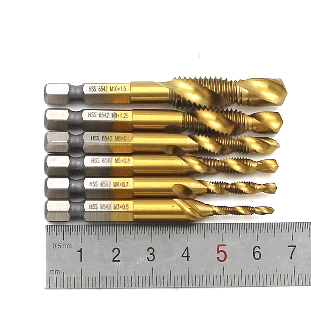 

6542HSS Titanium Combination Drill Tap Bit Set M3 M4 M5 M6 M8 M10 Shank 1/4 Aluminum Plate Metal Drill Woodworking Power Tools