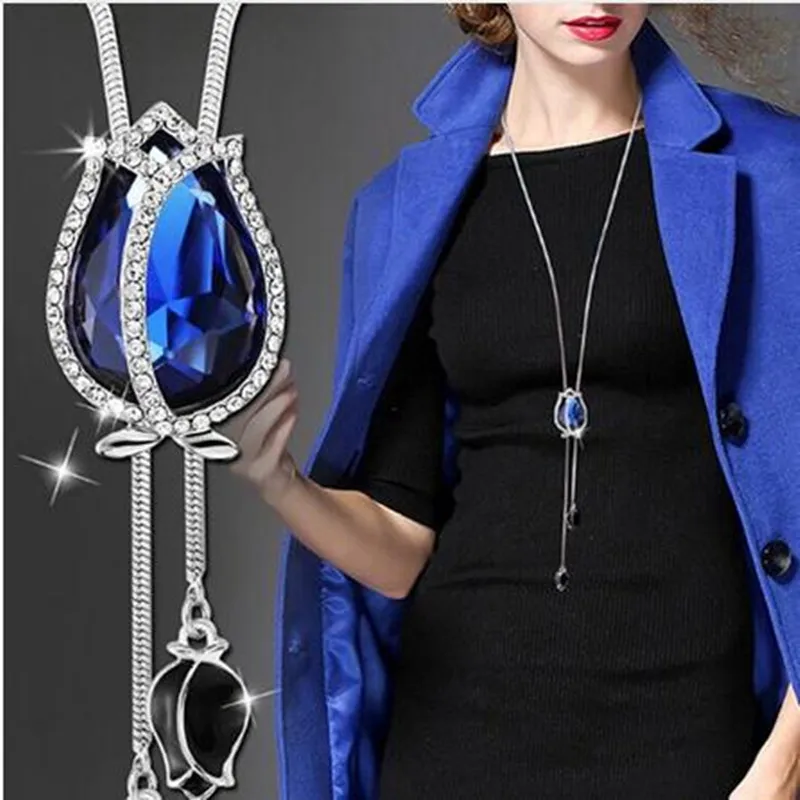 BYSPT Zircon Snowflake Long Necklace Sweater Chain Fashion Metal Crystal Rhinestone Flower Pendant Necklaces Adjusted | Украшения и