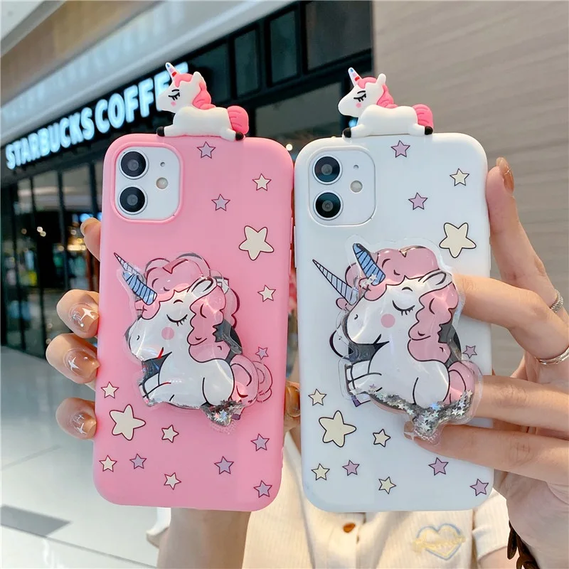 

3D Cute Unicorn Quicksand Bracket Case For IPhone 13 12 11 Pro Mini XR X XS Max 7 8 SE 2020 6 6s Plus Silicone Soft Cover