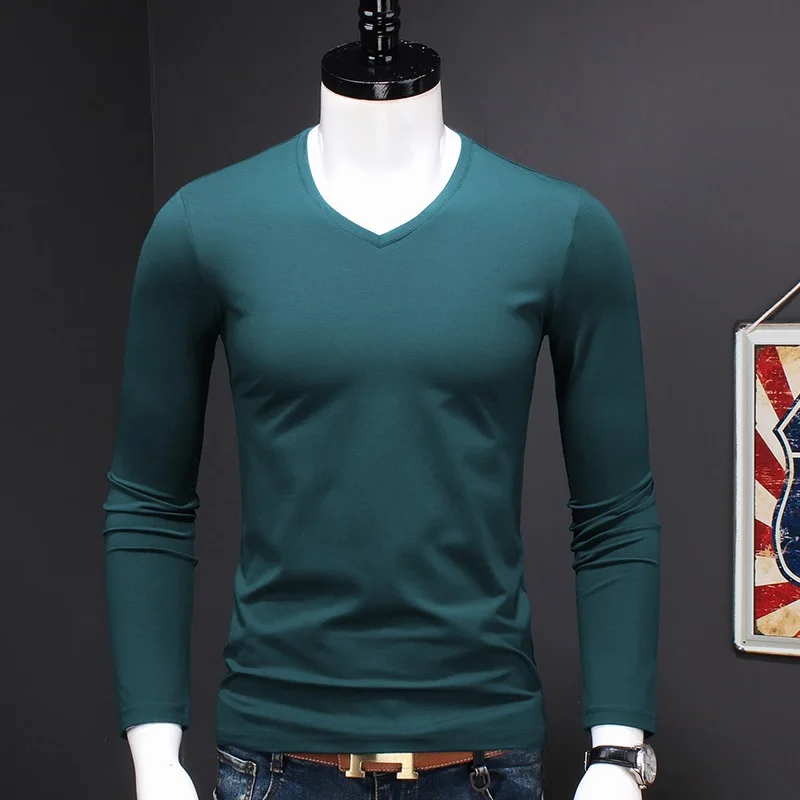 

Длинные мужские футболки с рукавом и V-образным вырезом, осенняя однотонная одежда, хлопковая Модальная футболка, зимняя бархатная Термофут...
