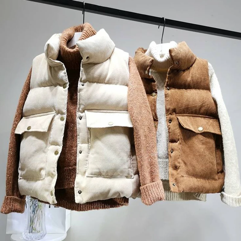 Зимний Fal Модный женский стеганый вельветовый жилет с воротником-стойкой