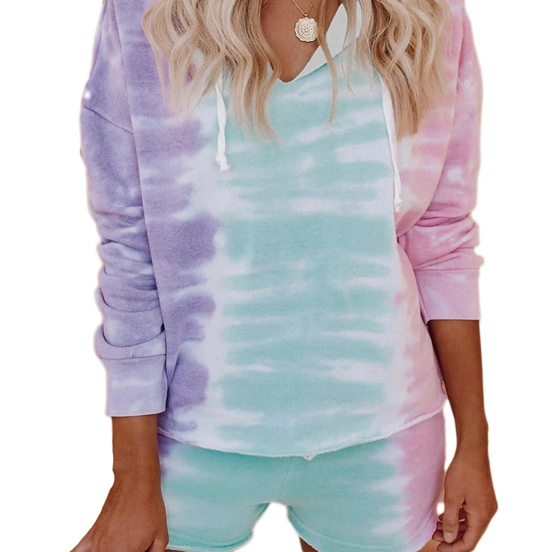 

CN 2020 Autumn Casual Tie Dye Gradient Hoodies Drawstring Long Sleeve Hooded Sweatshirt V Neck Loose Women Hoodies