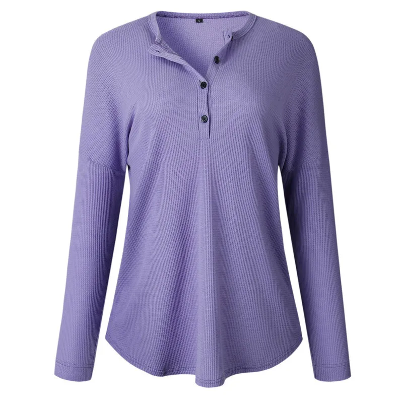 

Women's Knit Solid T-Shirt Tunic Tops Casual Loose Long Sleeve Button Up V Neck Blusas Korean Clothes Women Camisas Mujer
