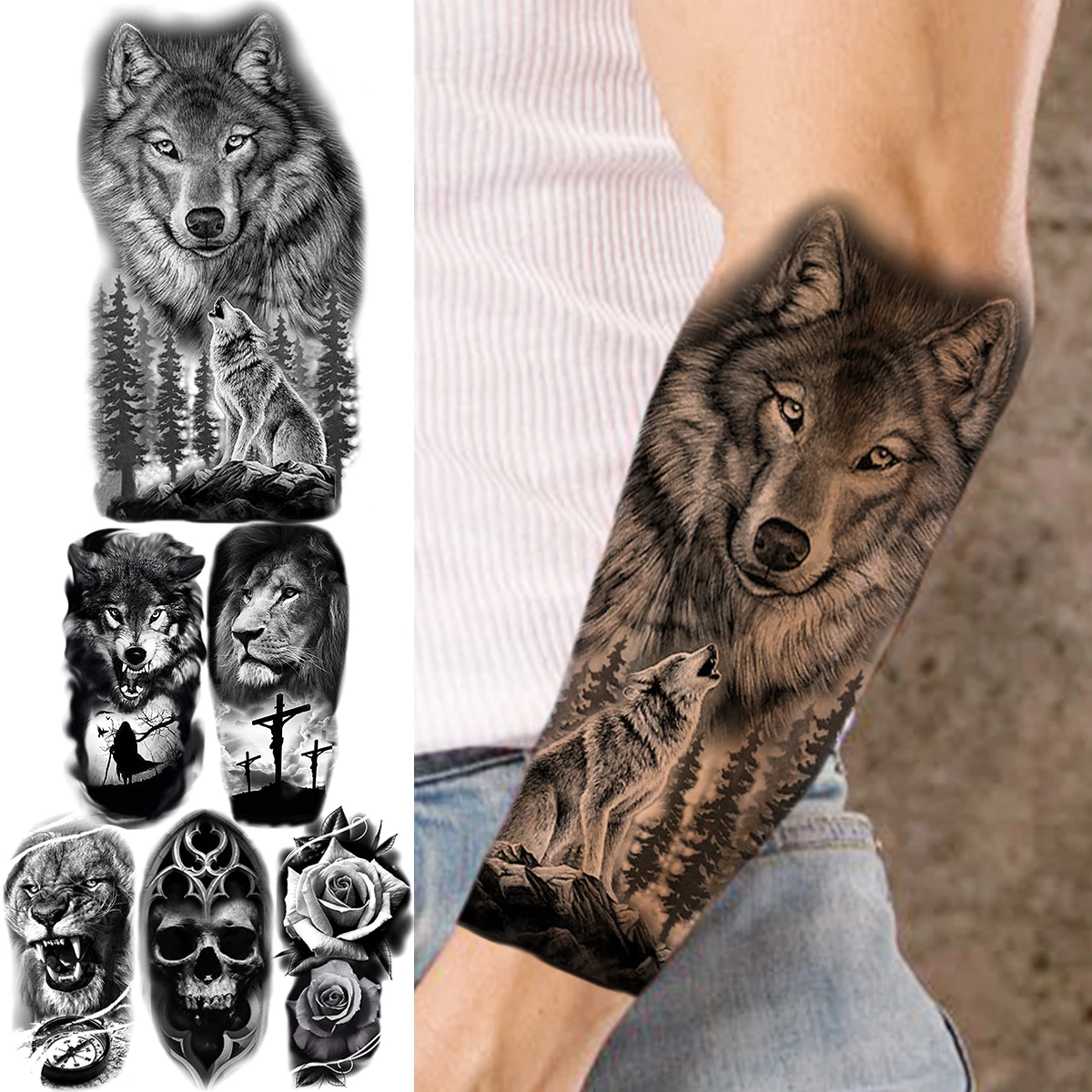 

3D Realistic Wolf Forest Temporary Tattoos For Men Women Adult Lion Tiger Flower Skull Fake Tattoo Sticker Half Sleeve Tatoos