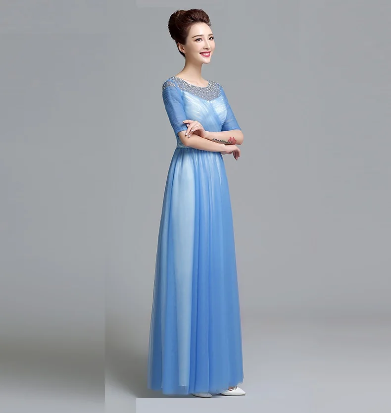 

Women's long evening dress plus size o neck BEADING TULLE formal prom event dress BLUE BLACK sexy cocktail wedding party dress