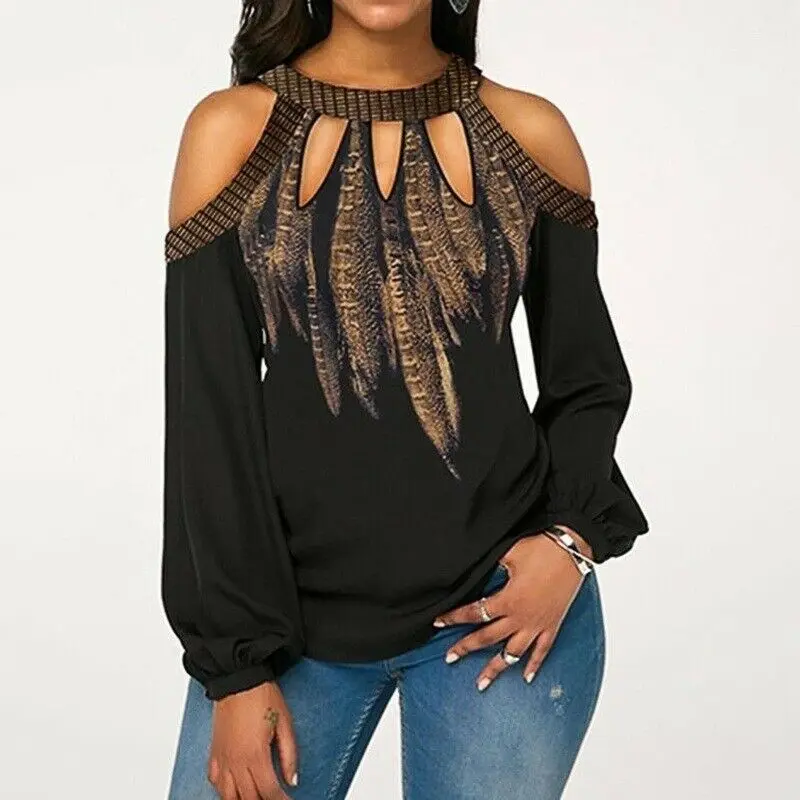 

S-5XL Plus Size Fashion Women Cold Shoulder Blouse Lady Loose Shirt Tops Casual Chiffon Long Sleeve Feather Print Blouse Female