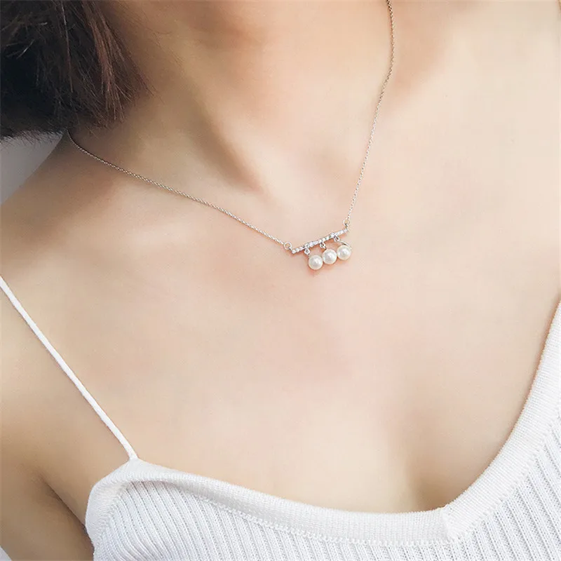 

POFUNUO 925 Sterling Silver Fashion Women Three Pearls Pendant Necklace Girls Stylish Fine Jewelry Exquisite Clavicalis Chokers