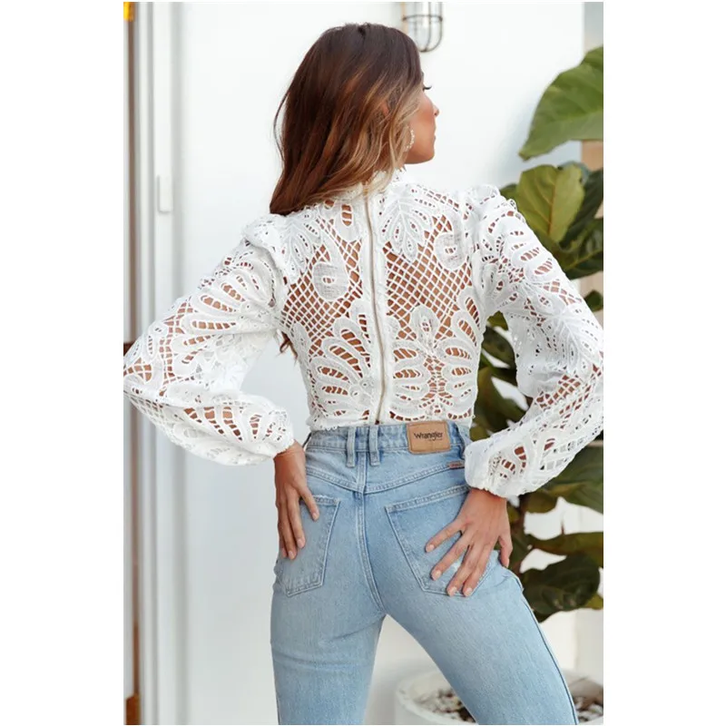 Women Tops and Blouses Long Sleeve Flower Lace Casual Crochet Hollow Out Turtleneck Blouse Female Shirts Elegant Outfits |