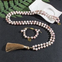 8mm pink opal japamala necklace meditation yoga jewelry set 108 mala beaded knotted women rosary with lotus pendant