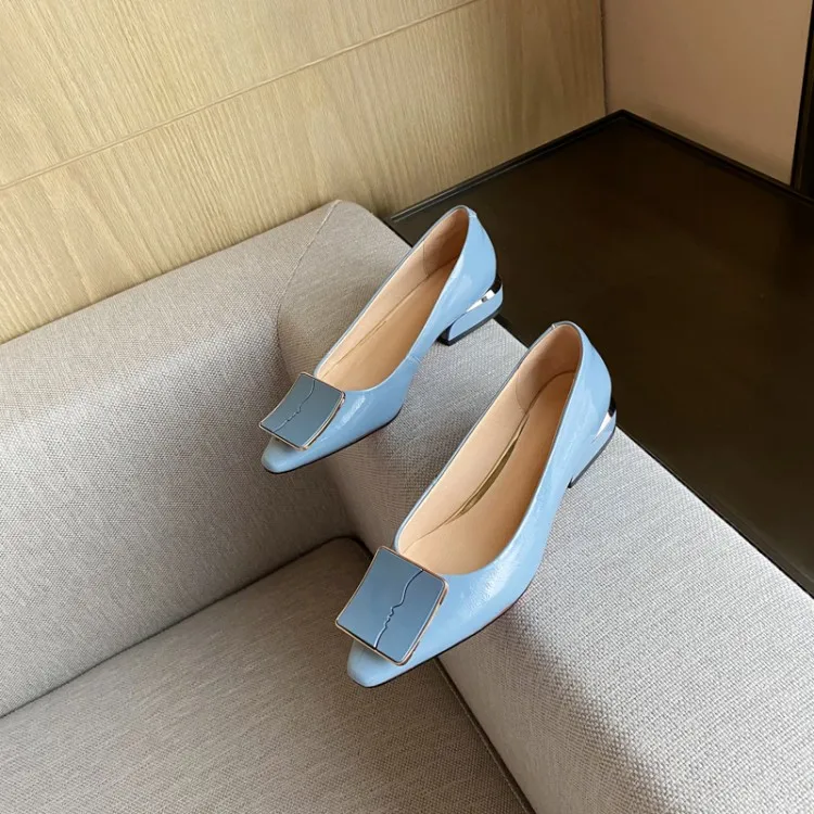 

MLJUESE 2020 women pumps patent leather autumn spring blue color slip on square toe square heel high heels party dress