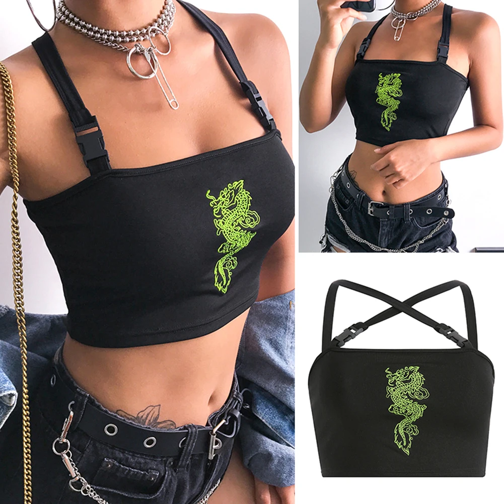 

Fashion Women Sexy Hot Summer Buckle Vest Boob Tube Crop Top Bralet Sheer Dragon Embroidery Stylish Cami Tank Top