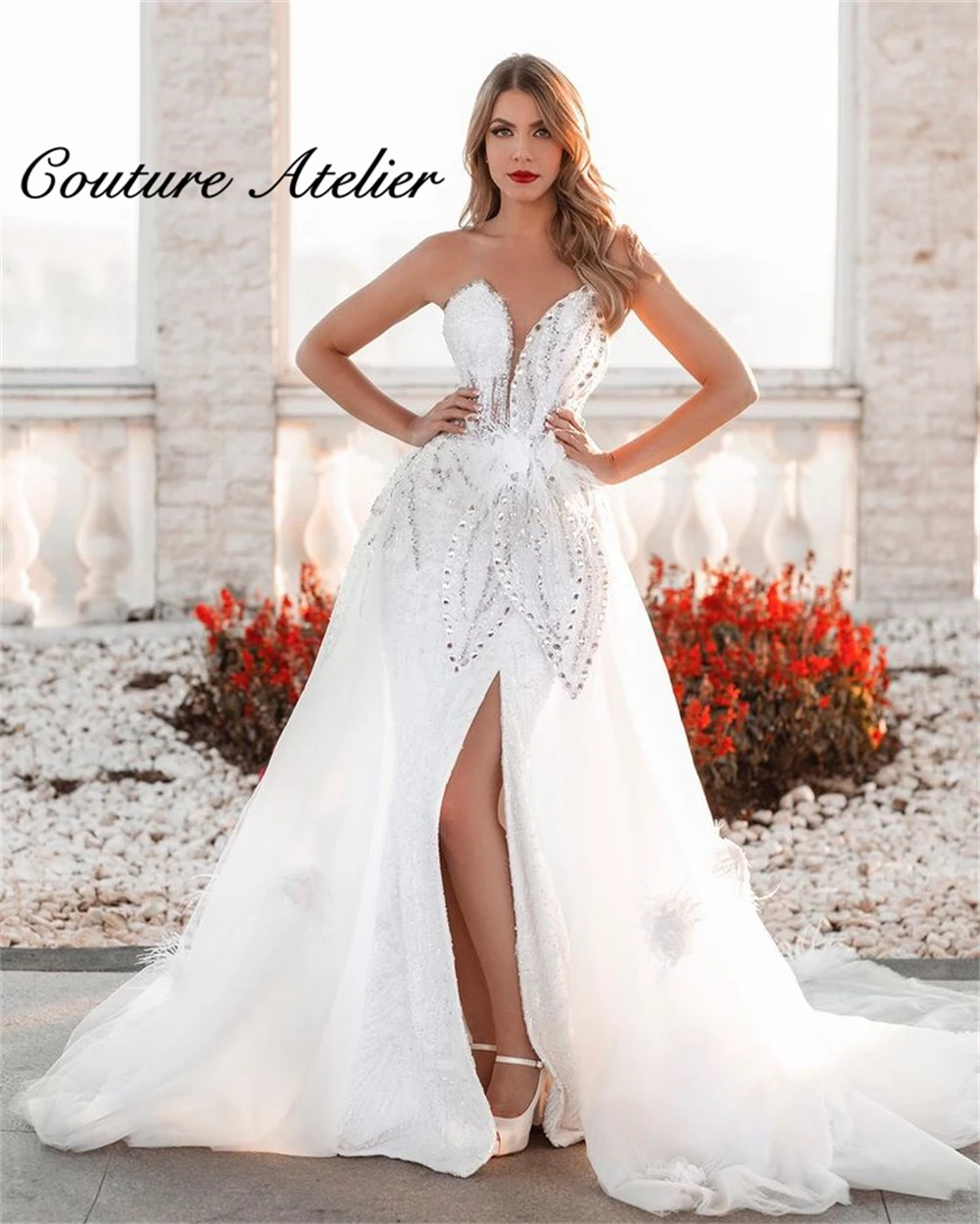 White Evening Dress For Wedding Party Formal Slit Bridal Prom Dresses Beaded Party Gowns Elegant A Line Свадебное платье  - buy with discount