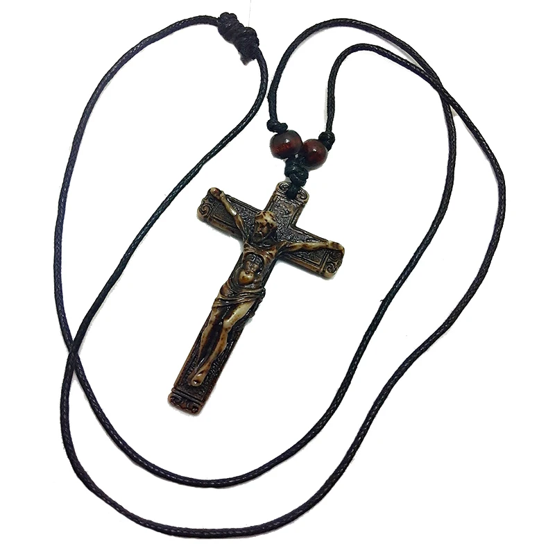 Vintage Resin Jesus Cross Pendant Necklace Beads Leather Rope Men Women Retro Prayer Choker Necklaces Fashion Jewelry s|fashion choker|cross