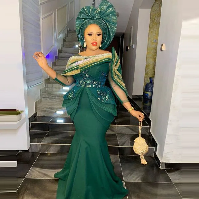 

Customized green mermaid prom party evening dress ruffled beaded applique one-shoulder formal aso ebi dress