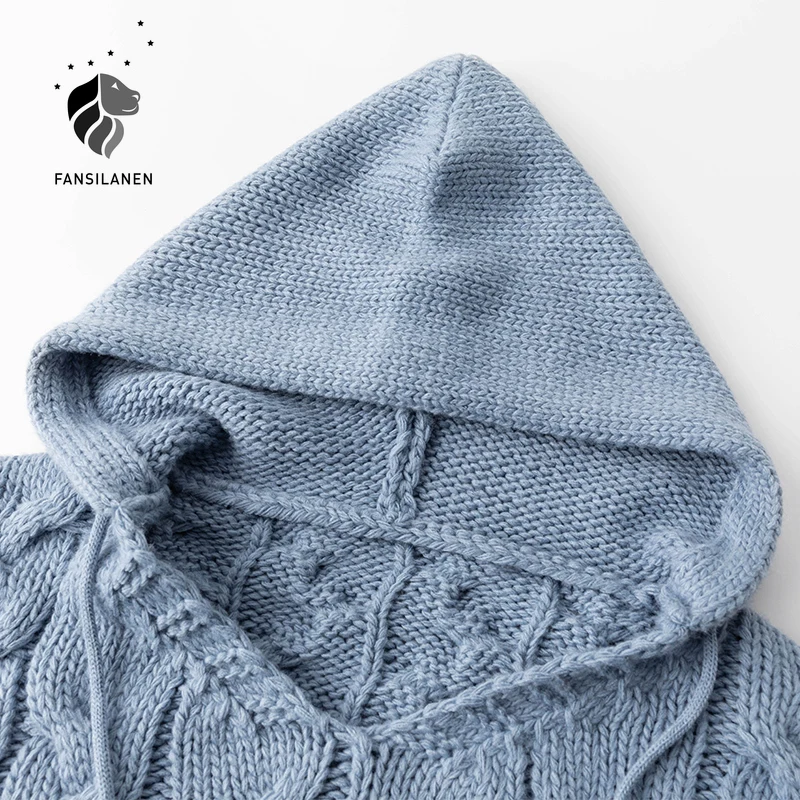 

FANSILANEN Hooded twist blue knitted sweater Women long sleeve casual streetwear pullover Autumn winter jumper knitwear crop top