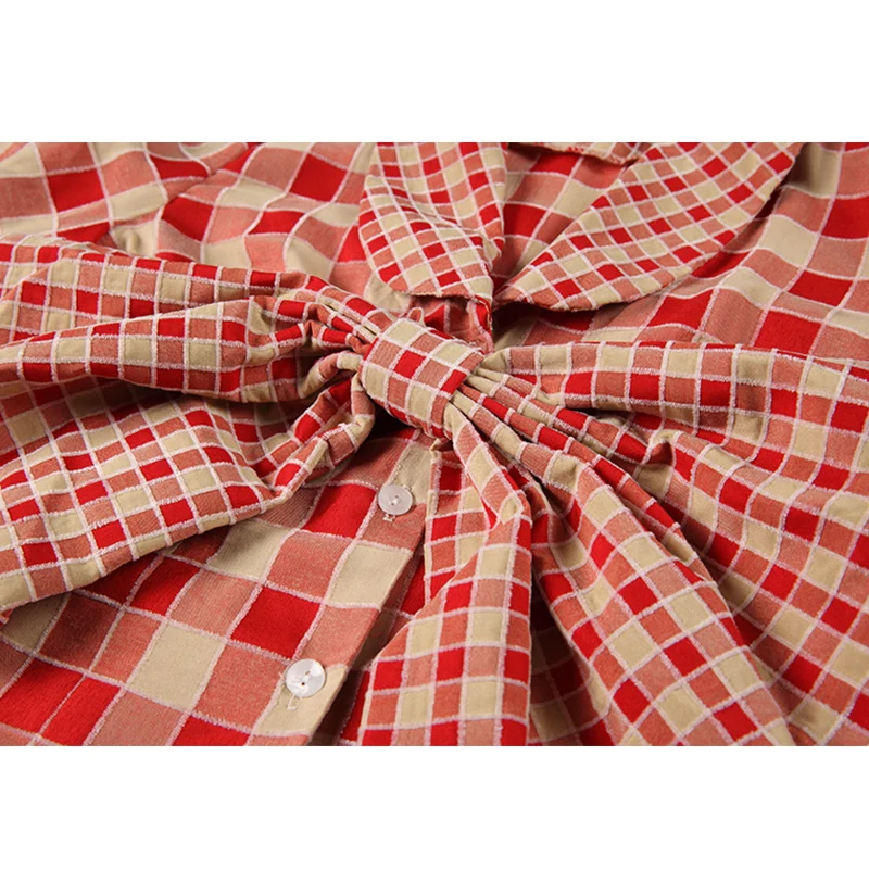 Женская клетчатая блузка однобортная во французском стиле с длинным рукавом и