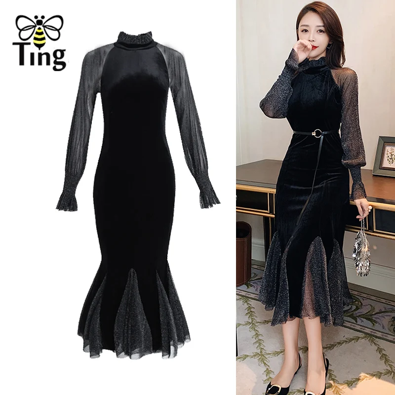 Модное осенне весеннее Сетчатое платье миди Tingfly с прозрачными рукавами и
