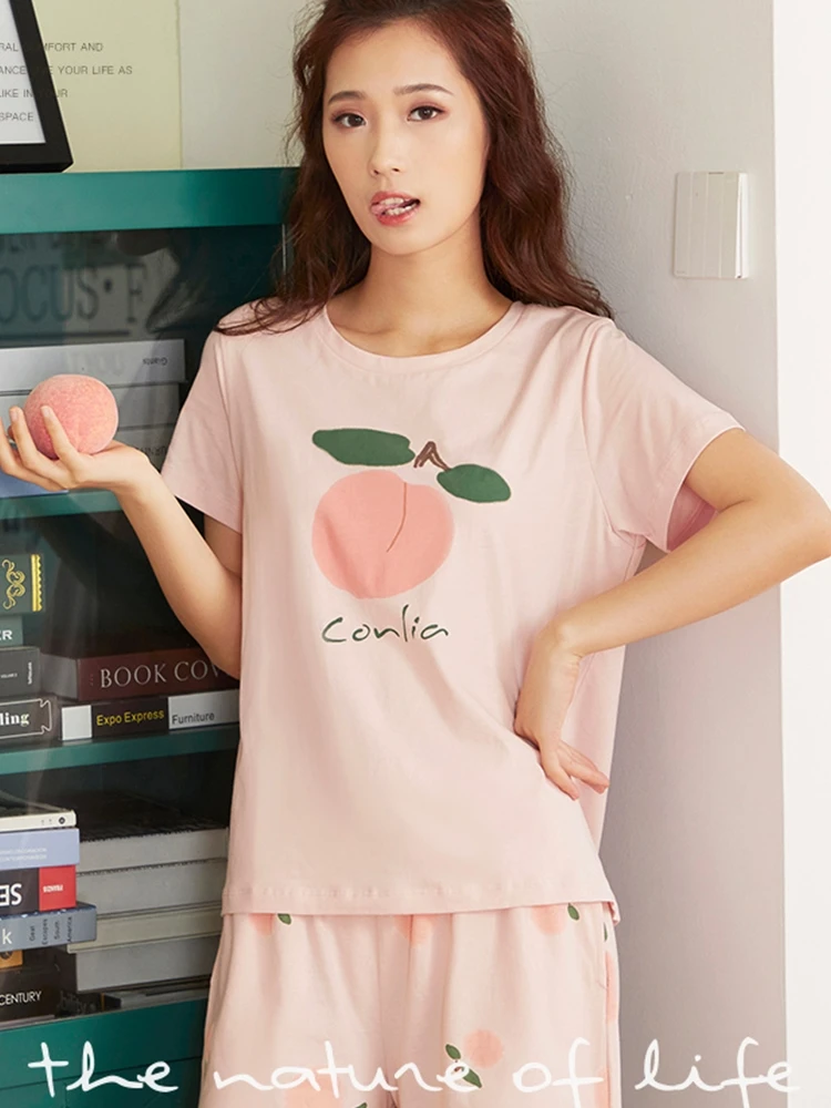 

Conlia Women's Cotton Short Sleeve Pajama Sets Cute Sleepwear Night Wear Tops Pants Suit Loungewear Home Clothing