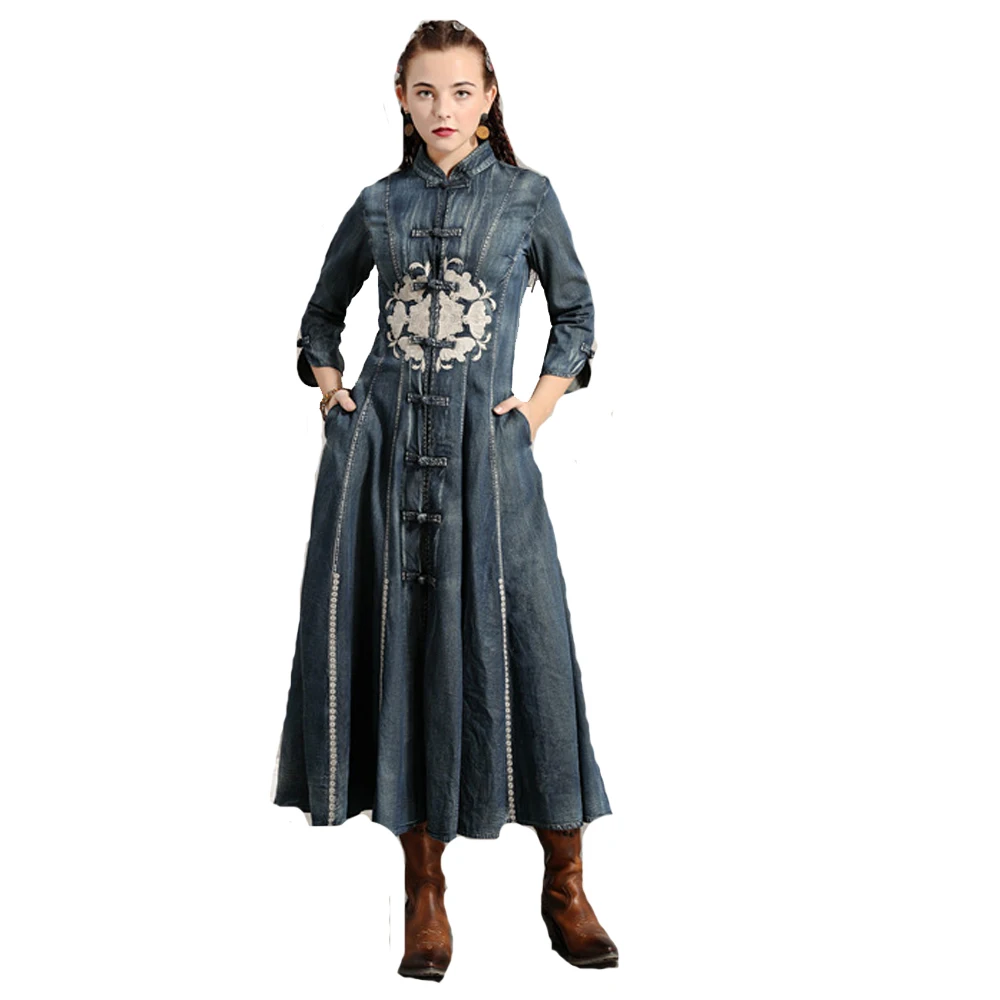 

Chinese Style Cheongsam Pattern Denim Dress for Women Chi-pao Embroidery Knot Stand Collar Slim Plus Size Jeans Dress FS0992