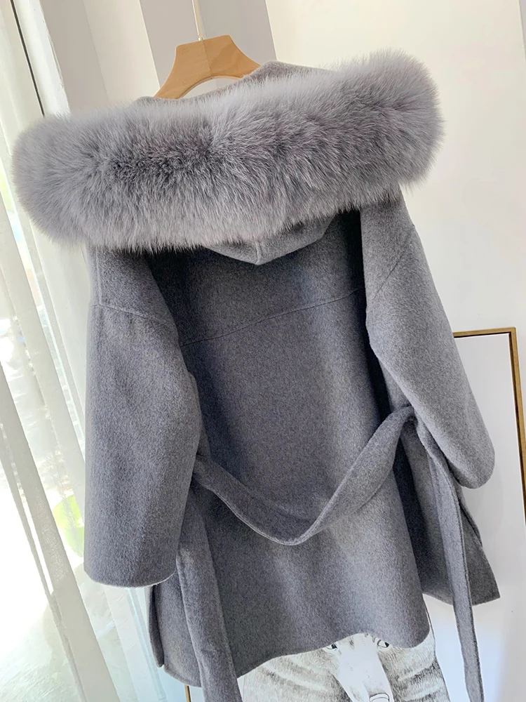 Женское пальто из натурального кашемира шерстяное с капюшоном Лисьего меха