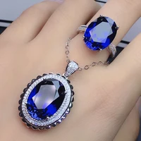 original 925 silver bride jewelry sets women round blue topaz wedding ring necklace sets silver 925 jewelry gifts