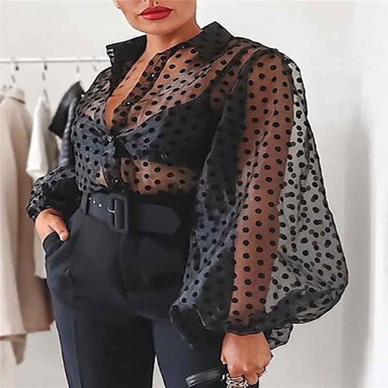 

Sexy Women Casual Polka Dot Transparent Tops Ladies Baggy Shirt Blouse Loose Lantern Sleeve Turn down Collar Tops