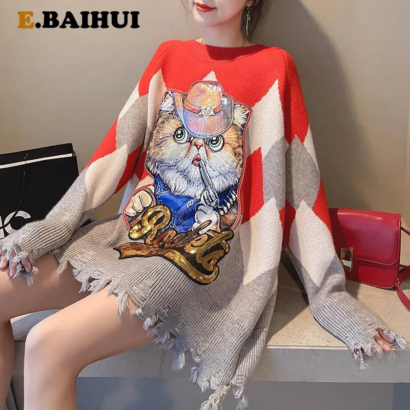 

EBAIHUI Cat Cartoon Oversized Pullovers Women Winter Shining Sequined O-Neck Loose Long Sweaters Streetwear Warm Outerwear 2021