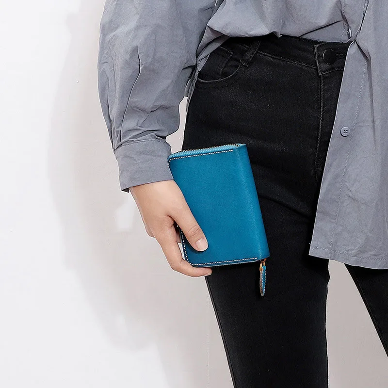 

New Women Zipper First Layer Cowhide Slot Bank Credit Holder Business Vintage Wallet Female Small Change Card Package Clutch
