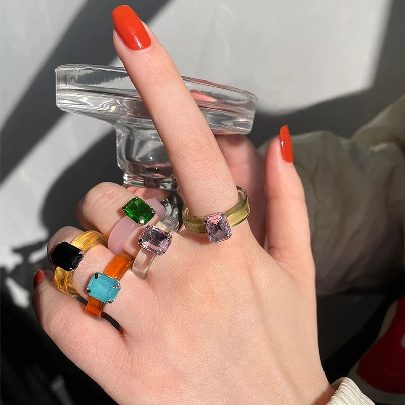 

Vedawas 2021 Ins милый прозрачный кольца, наборы для женщин, в стиле «Бохо Стразы красочные геометрические акриловые смолы перстни подарок для сес...