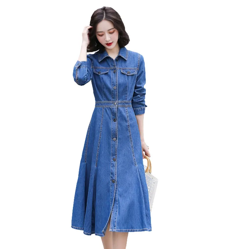 

2022 New Fashion Autumn Women Mid-length Denim Dress Large size Casual Office Long Sleeve Pocket Female Spring Dresses OK755