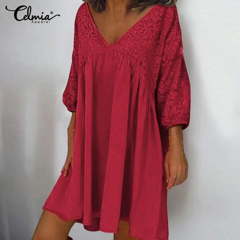 Bohemian Dress Celmia Women 3/4 Sleeve V-neck Summer Lace Sundress Casual Loose Pleated Party Robe Femme Mini Vestidos Plus Size | Женская