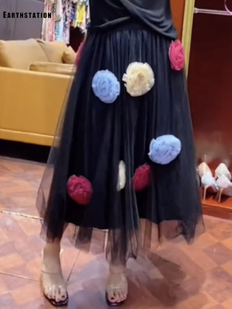 

Heavy crafts appliques colored flowers elastic high waist mesh skirts ladies summer new fashion loose big hem Puff skirts