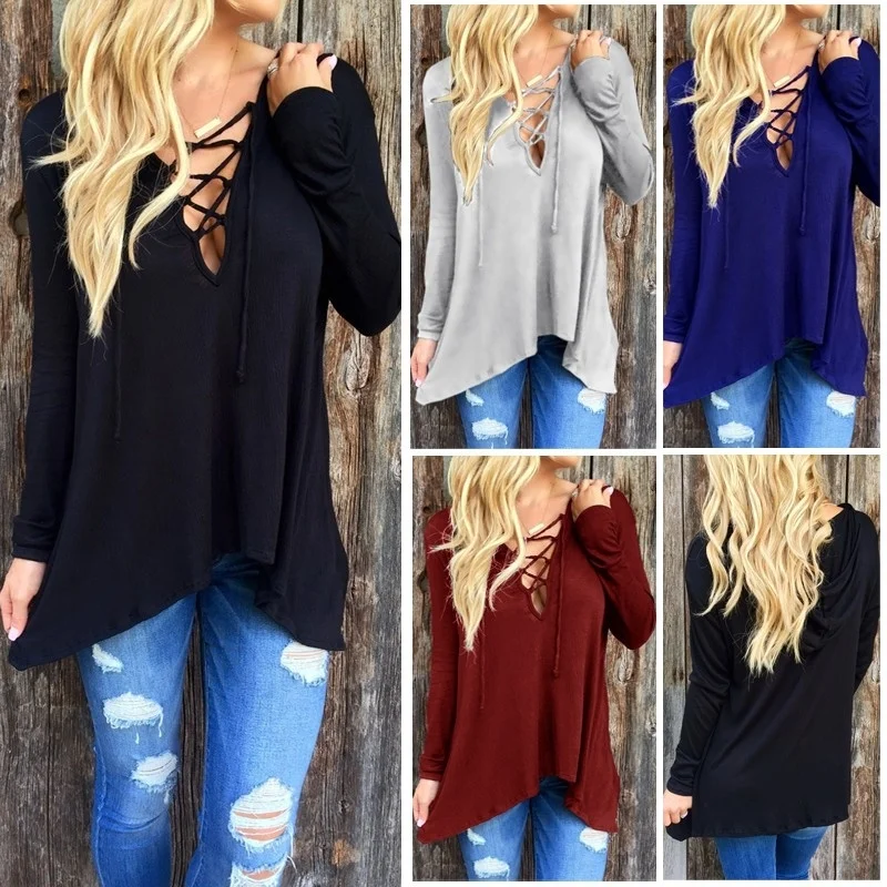 Женская Асимметричная Повседневная Свободная рубашка в стиле бохо на шнуровке с