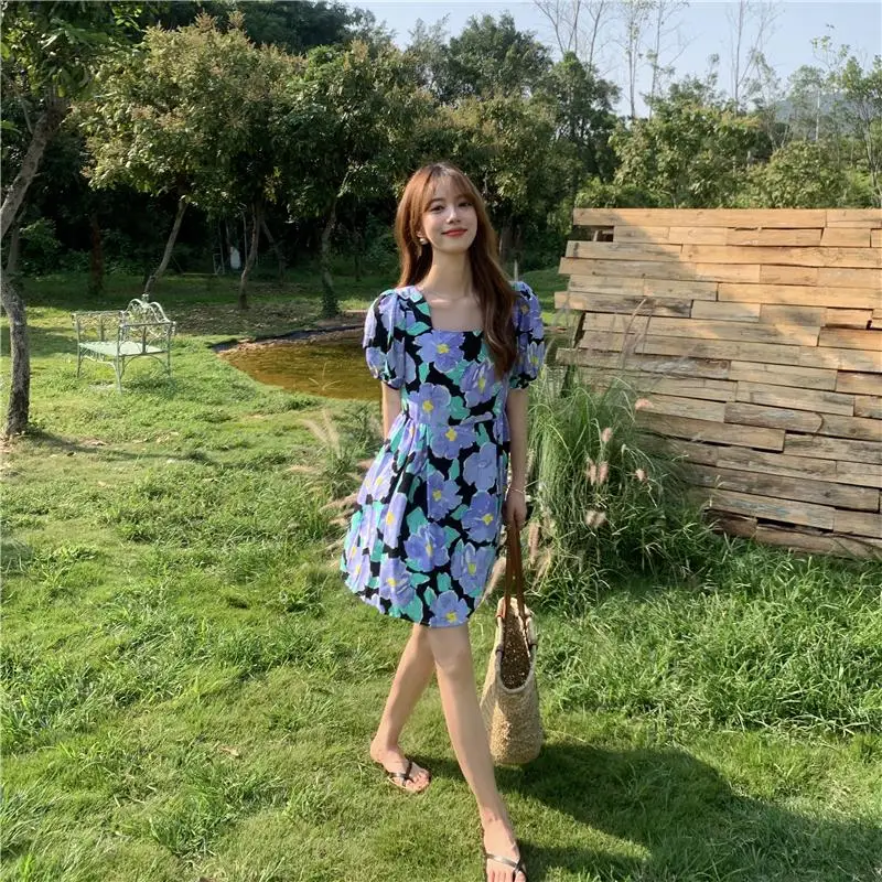 

Puff Sleeve Floral Dress Cotton Mini Square Collar A-Line Summer 2021 Kawaii Vintage Korean Harajuku Sunday Sukienki Damskie