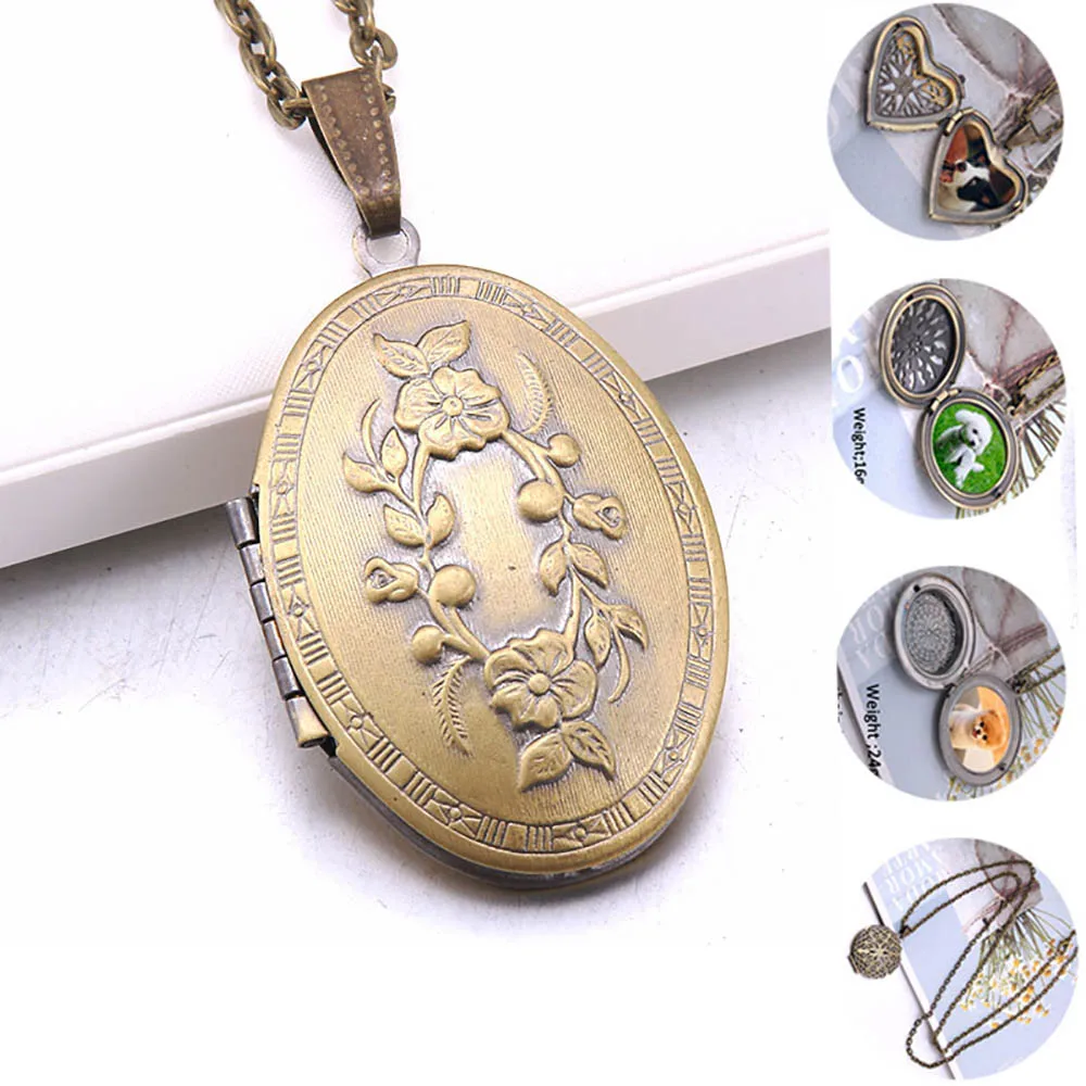 

Memory Photo necklace Jewelry Mini Photo Pendant Vintage copper Carved flower Album box necklace Romantic Accessories Women